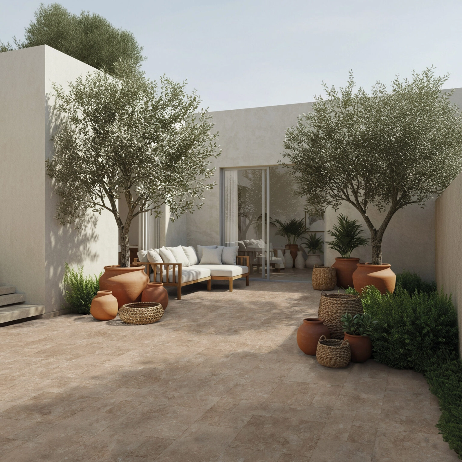 Percoco-Granit – Feinsteinzeug Fliesen – Dieses Bild zeigt eine Terrasse mit Feinsteinzeugfliesen der Serie Tivoli Beige von EnergieKer.