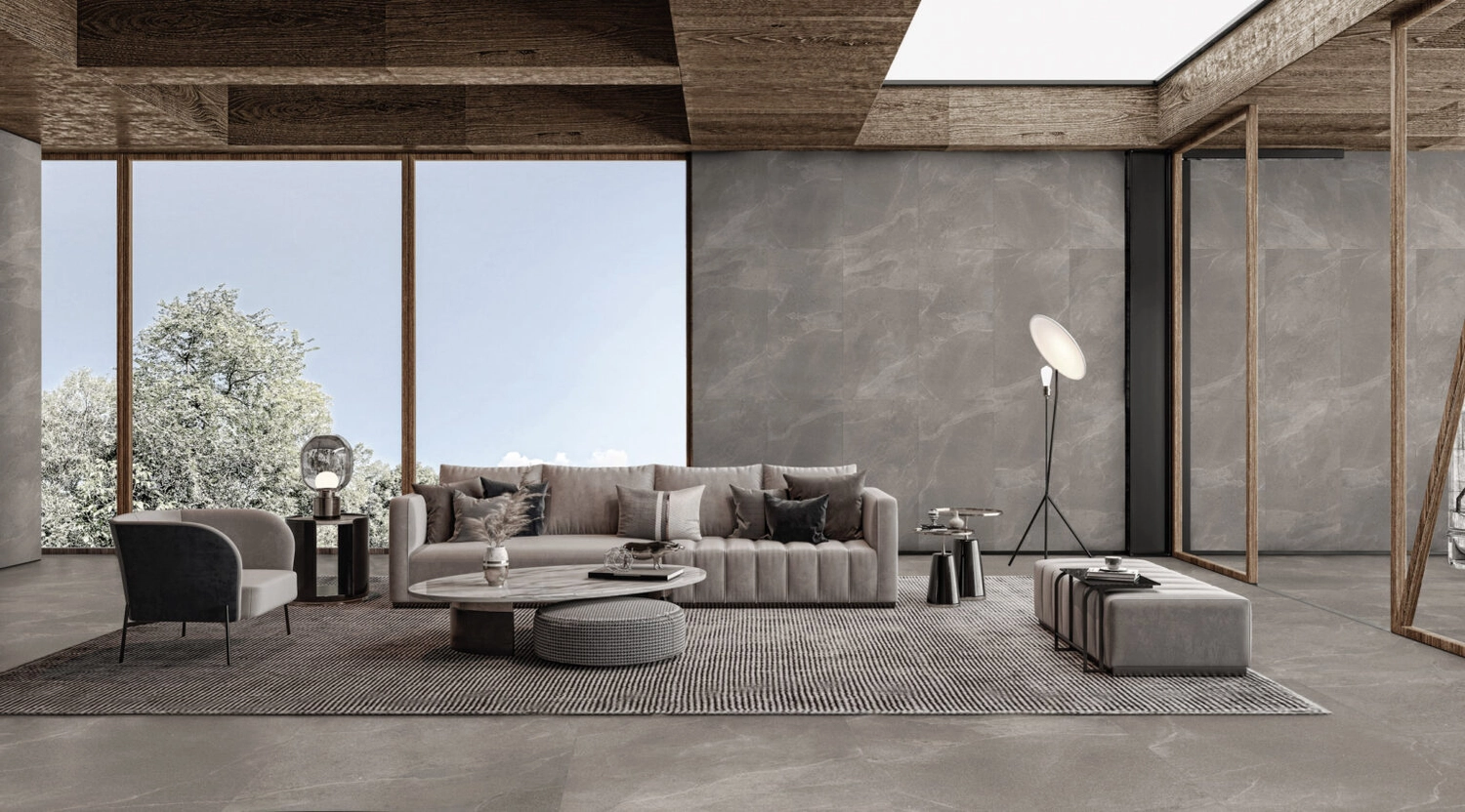 Percoco-Granit – Feinsteinzeug Fliesen – Dies ist eine Illustration eines modernen, luxuriösen Wohnzimmerinterieurs.
