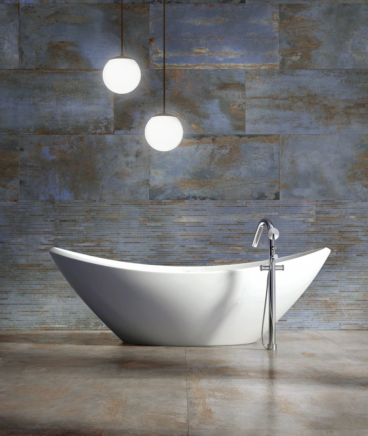 Percoco-Granit – Feinsteinzeug Fliesen – Das Bild zeigt ein modernes Badezimmer mit Feinsteinzeugfliesen in Metalloptik und einer freistehenden Badewanne.